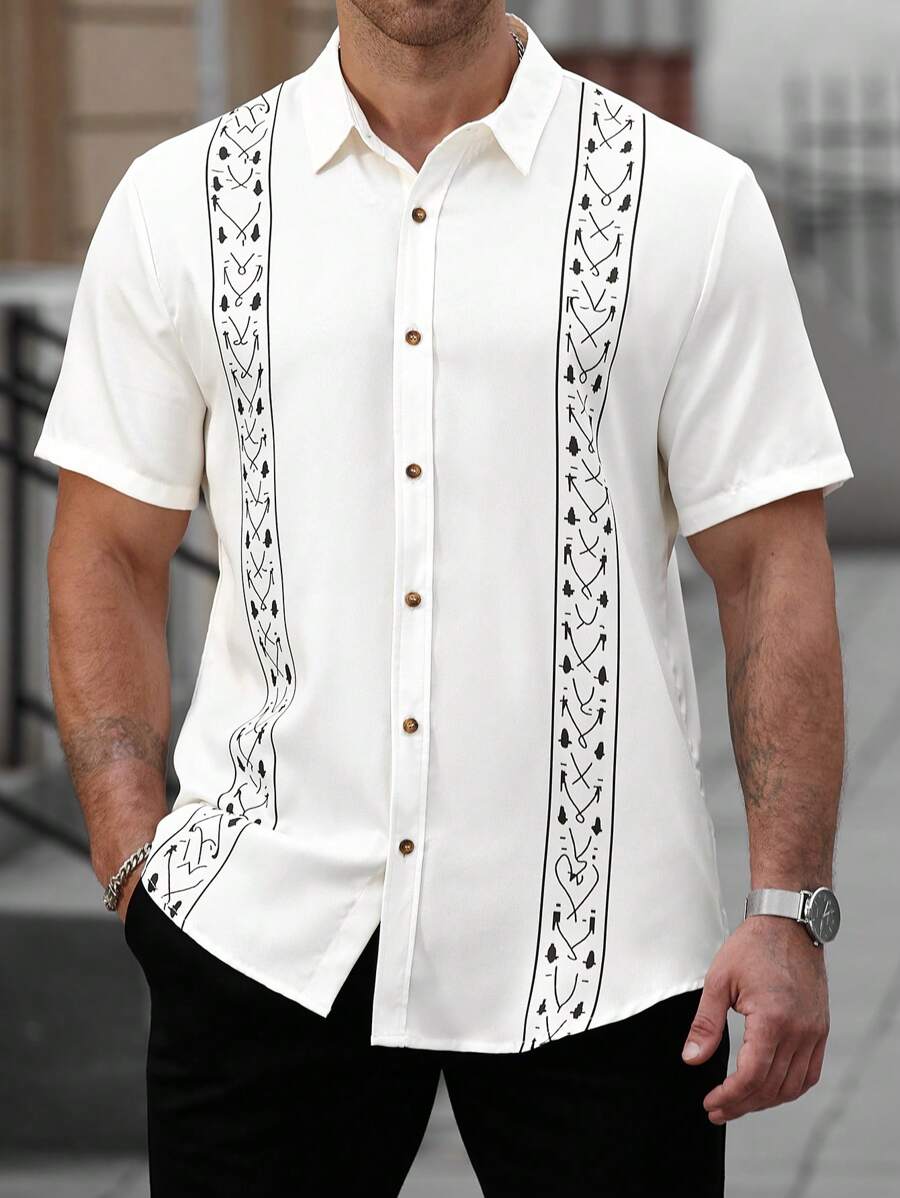 Manfinity CasualCool Camisa informal de manga corta y abotonadura sencilla con estampado gráfico para hombres de talla grande
