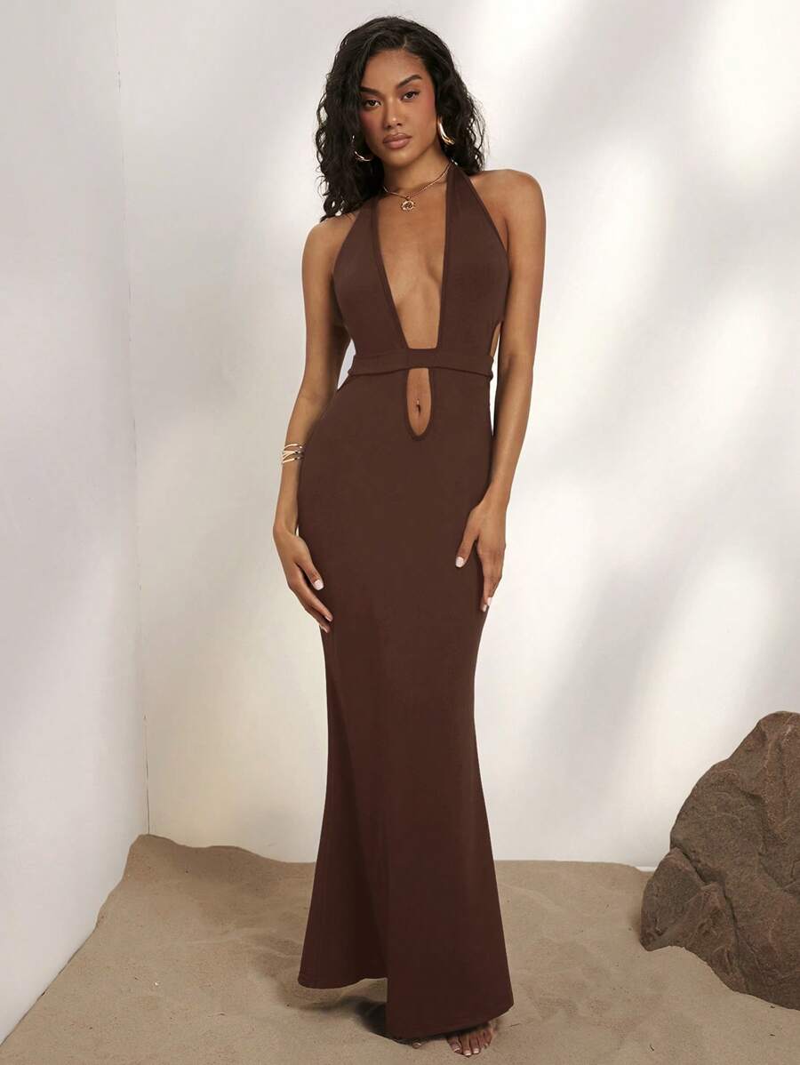 Opulessa Vacation Solid Color Sexy Front Cutout Backbelt Knitted Dress,Elegant Ruffle Summer Vacation Outfits Woman,Western Clothes For Women,Boho Chic,Country Concert Outfit,Country Concert Outfit,Holiday Festival Outfits,Beach Outfits For Woman,Old Money Style Women,Back Strap,Sexy Backless Cute Summer Sun Dress,Wedding Outfit