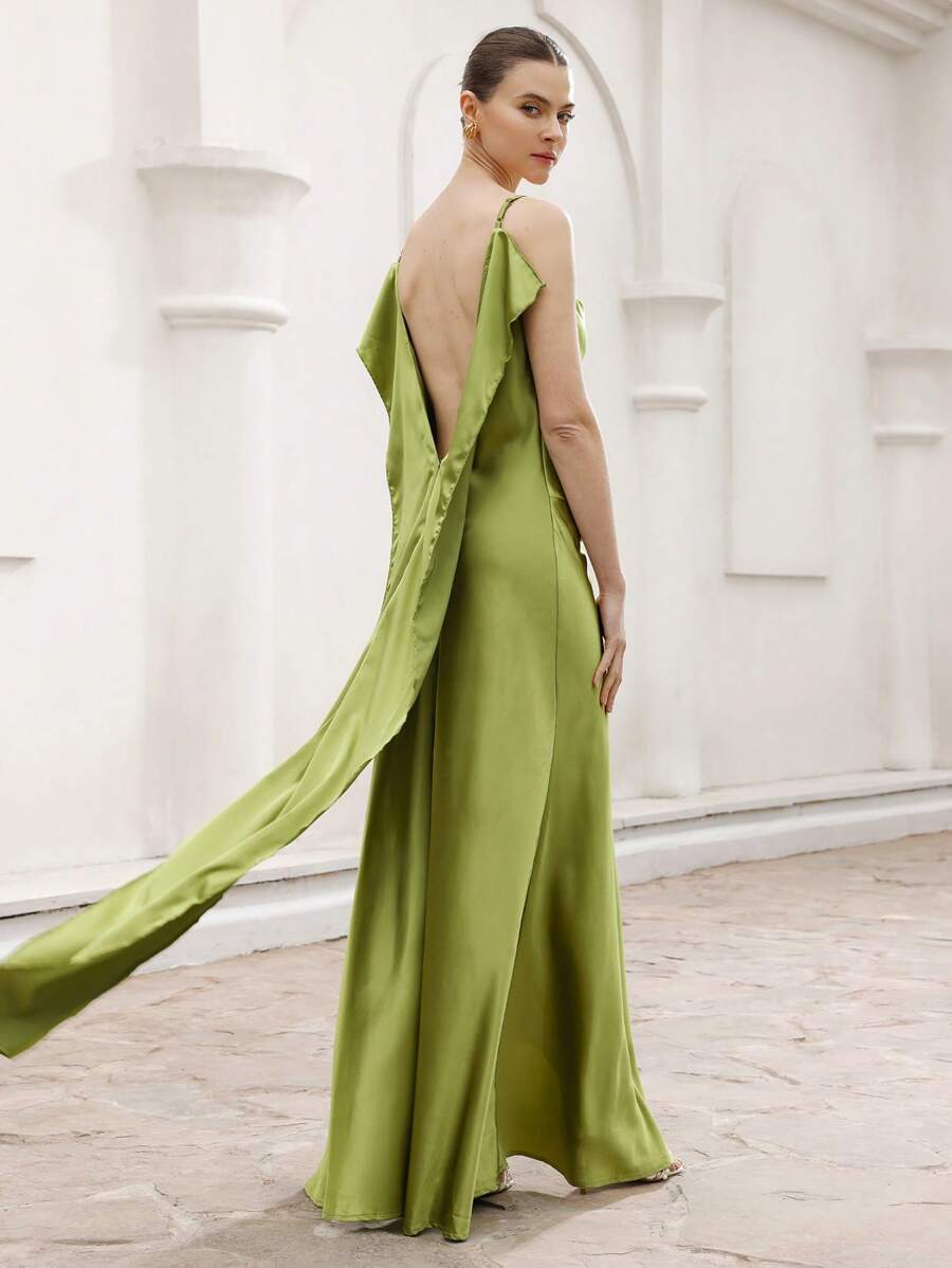 Aveloria Rosie Sexy Elegant Resort Satin Draped Neck High Slit Solid Color Dress For Women Old Money Style For Summer