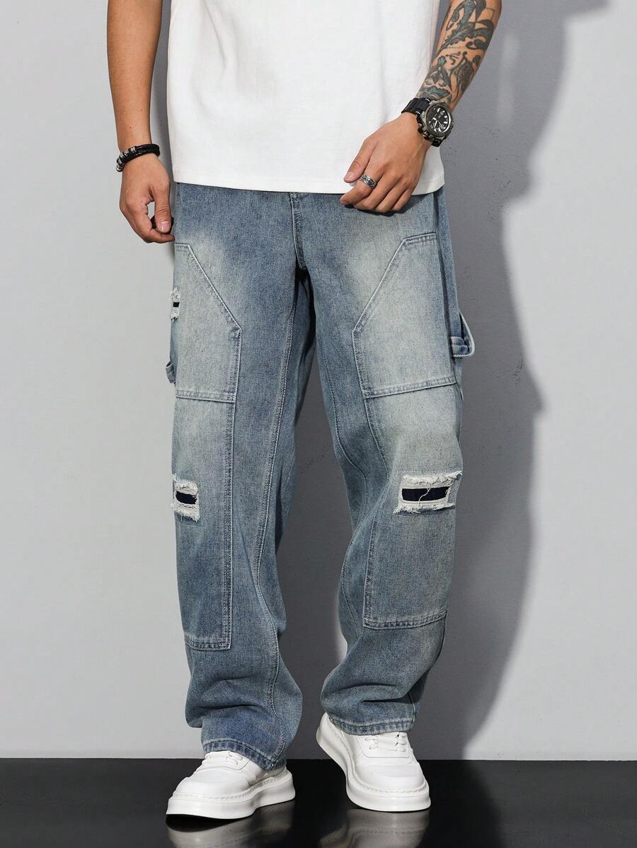 Manfinity Homme Men's Distressed Straight Leg Relaxed Fit Casual Versatile Jeans, Loose Jeans Men, Men's Cargo Denim Jeans, Ripped Jeans Men, Men's Loose Fit Jeans