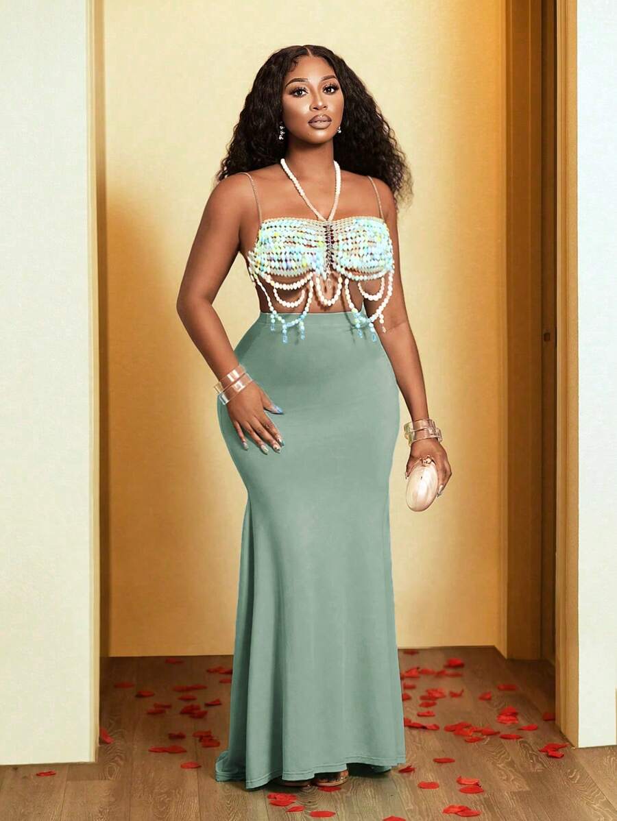 BamGleam 2 Pieces Women Set: Halter Top & Mini Skirt (Excluding Underlayer)