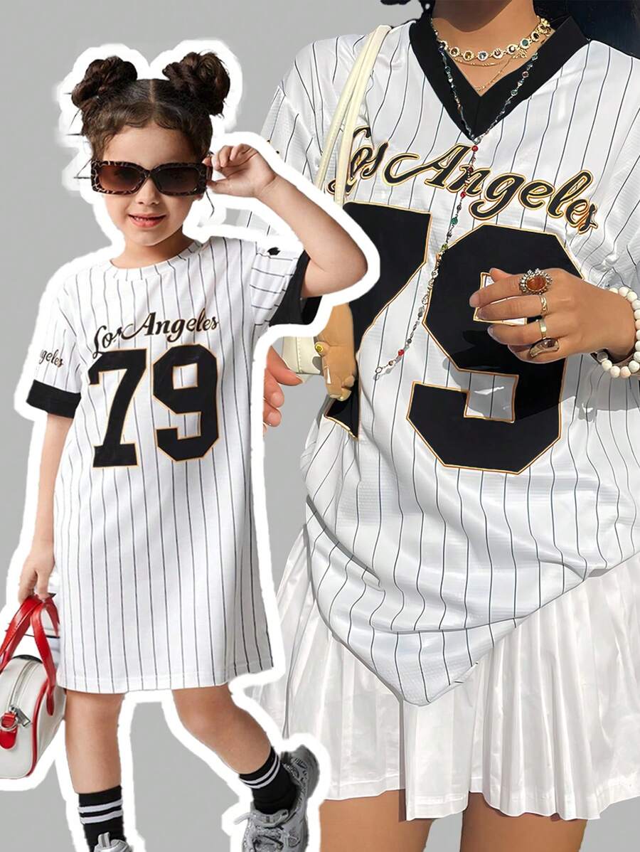 Wildeya Mädchen American Street Style Lässiges Baseball-Team gestreiftes Ziffern-Muster Rundhals Kurzarm Kurzes Kleid