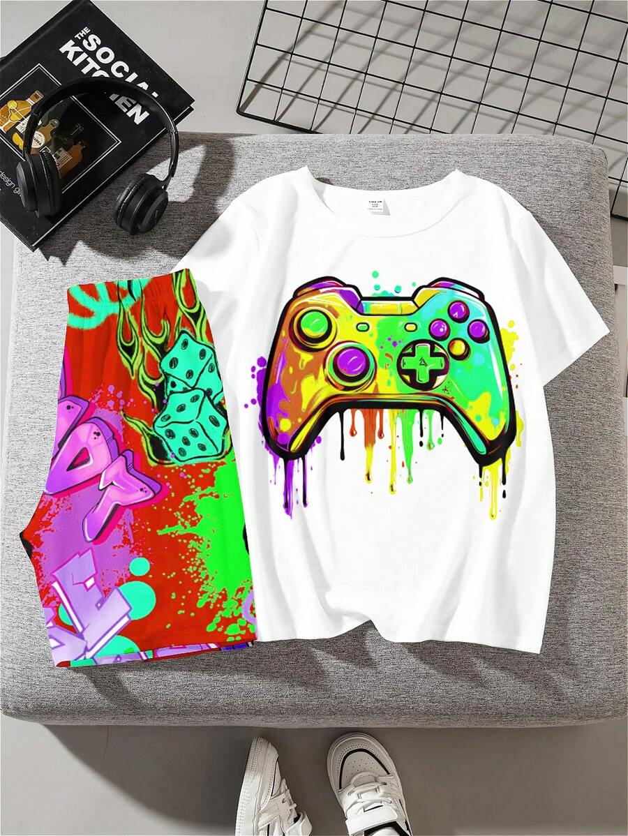 2pcs/Set Tween Boys Casual Simple Round Neck Short Sleeve Top And Shorts Set, Suitable For Summer