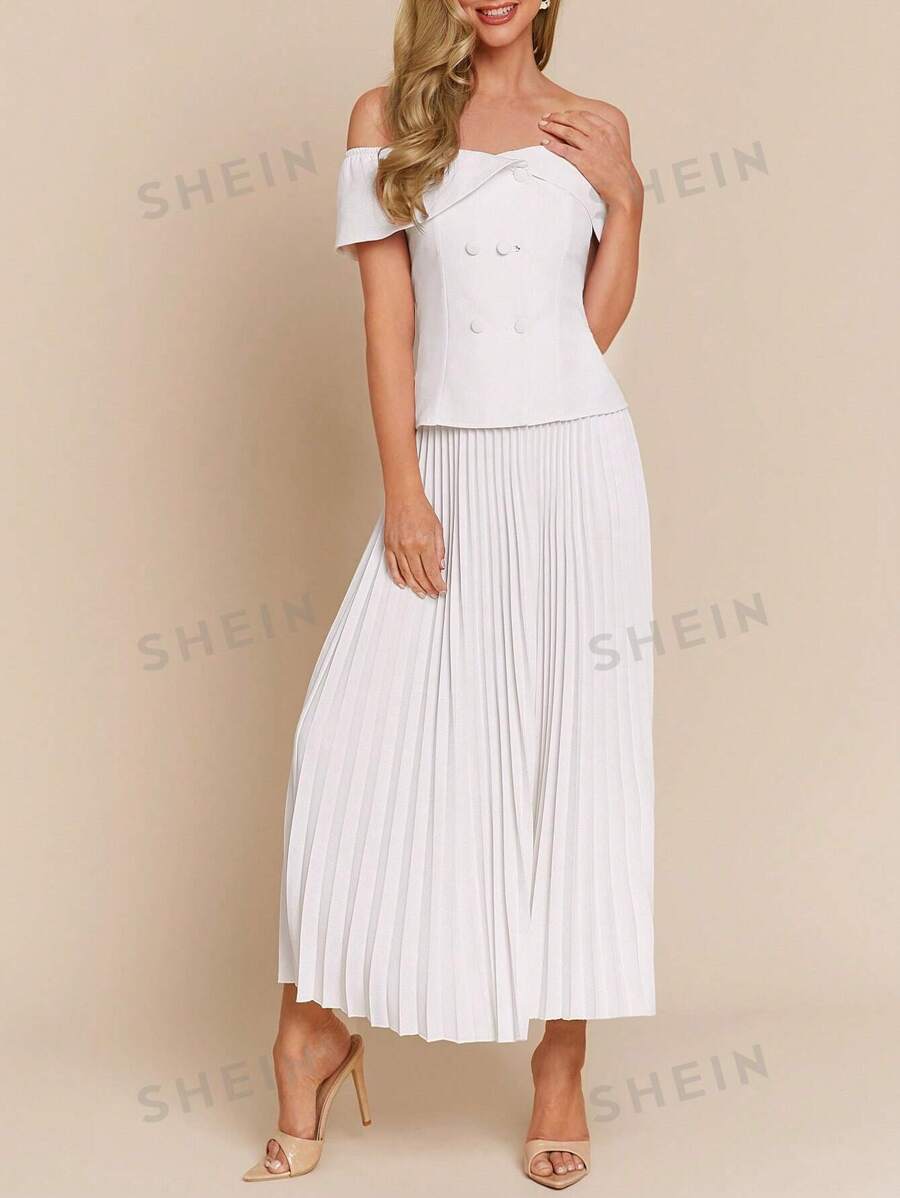 Amorya Set de 2 piezas con top hombros descubiertos de doble botonadura y falda plisada tipo línea A para mujer, romántico blanco boda