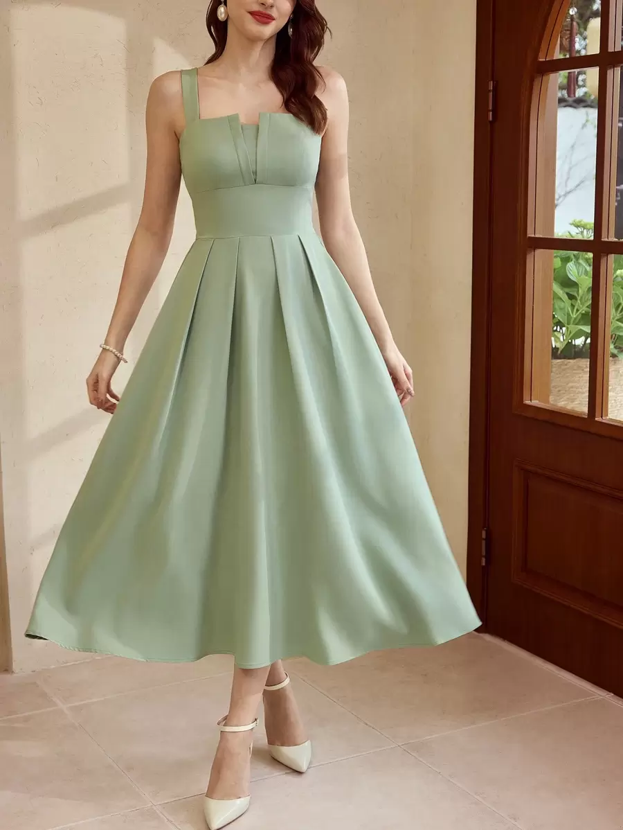 Vintamour Robe longue verte élégante et rétro pour femmes, robe ajustée évasée sans manches, printemps/été