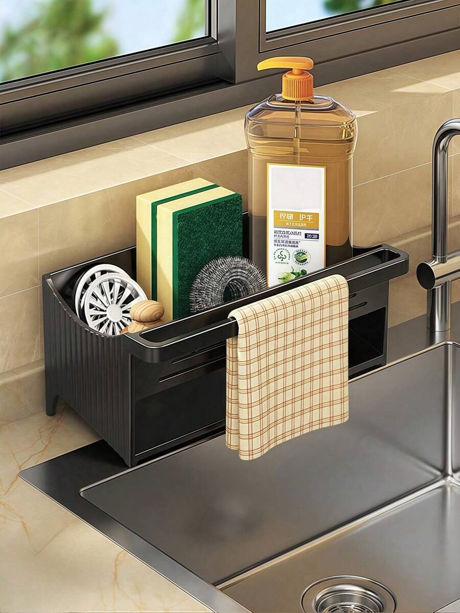 SHEIN 1 pieza Rejilla de desagüe de fregadero negra, con función de colgar un paño, de materiales plásticos, puede almacenar herramientas de limpieza y ordenar el fregadero de la cocina/lavandería/encimera del baño, impermeable, filtrado de agua automático, sin necesidad de instalación.