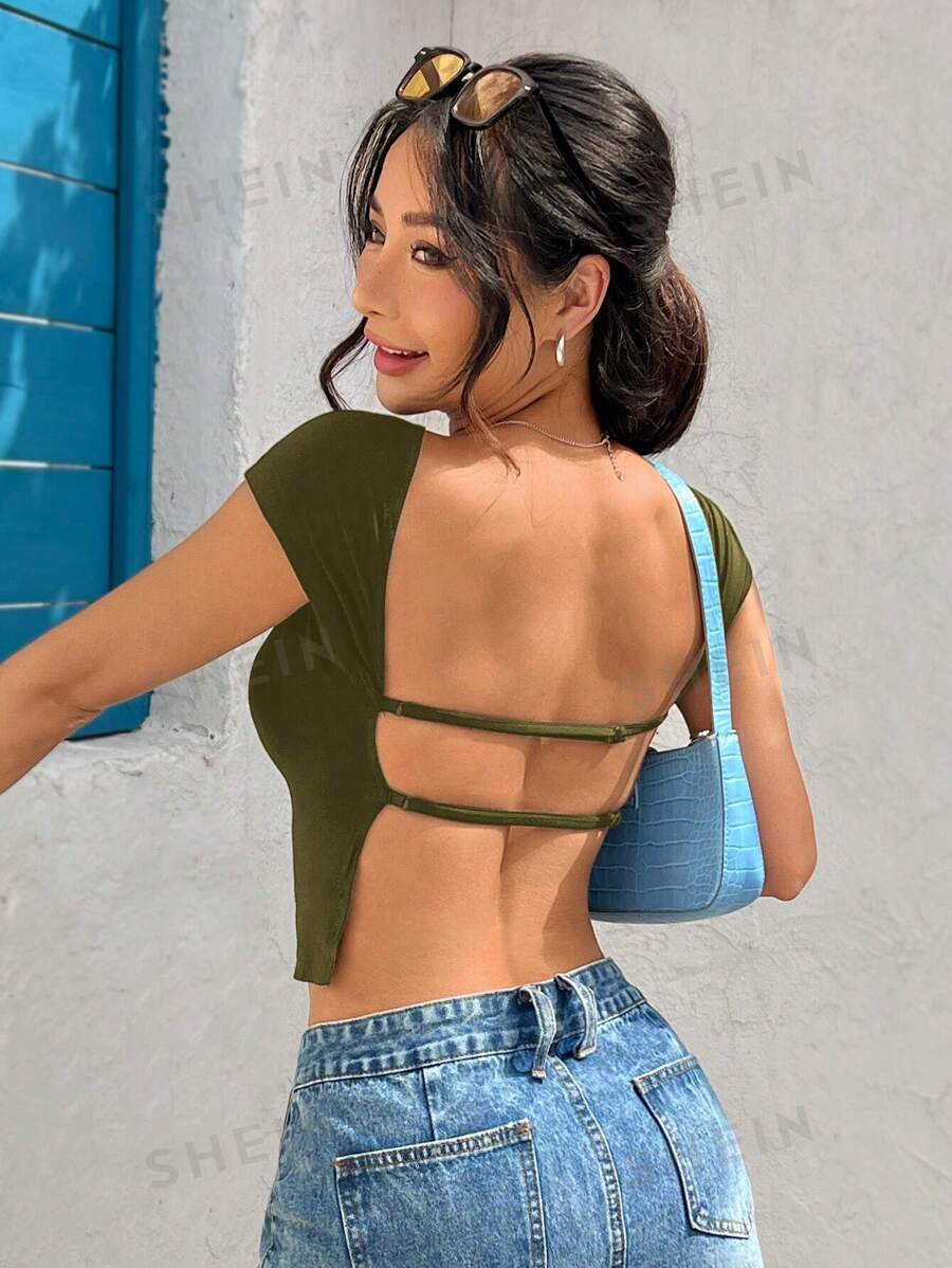 SHEIN EZwear Camiseta de punto entallada sin espalda color verde oliva para mujeres