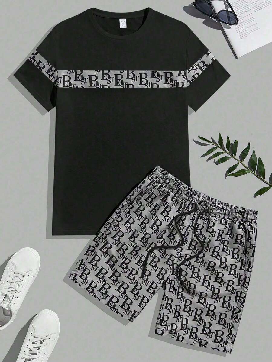 SHEIN Set di Maglietta e pantaloncini casual da ragazzo adolescente, stile college, comodo, alla moda, semplice, pratico, versatile, in tessuto morbido con stampa a caratteri, adatto per uso quotidiano, scuola, attività all'aperto e sport