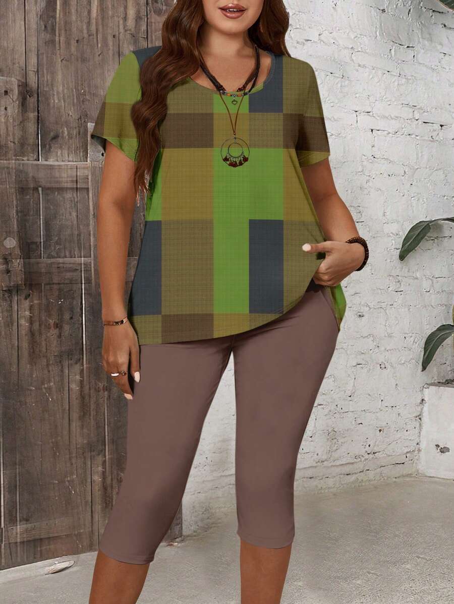 EMERY ROSE 2 sztuki/zestaw Plus Size Casual Lattice Allover Print Luźny krótki rękaw Top i spodnie Capri