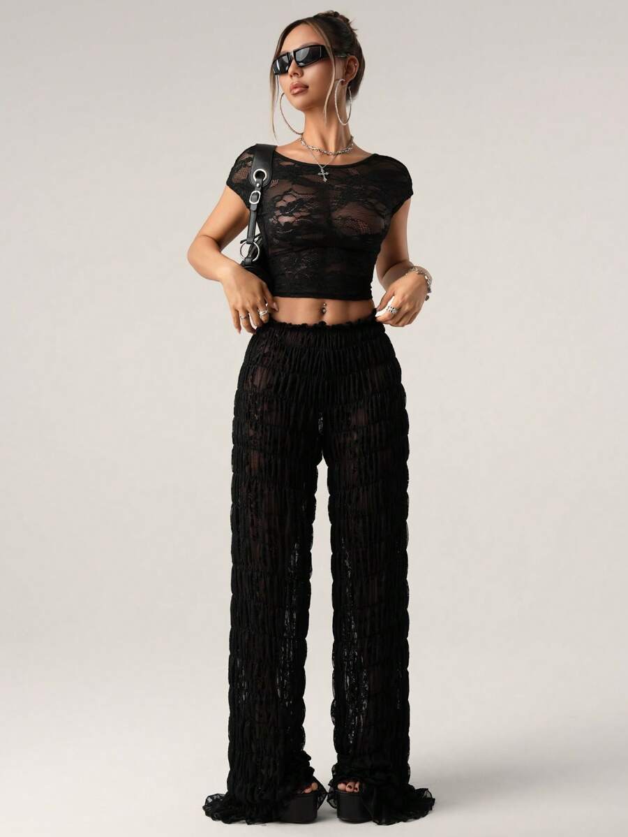 SHEIN ICON Women's Straight Lace See Through Elastic Waist Loose Pants
