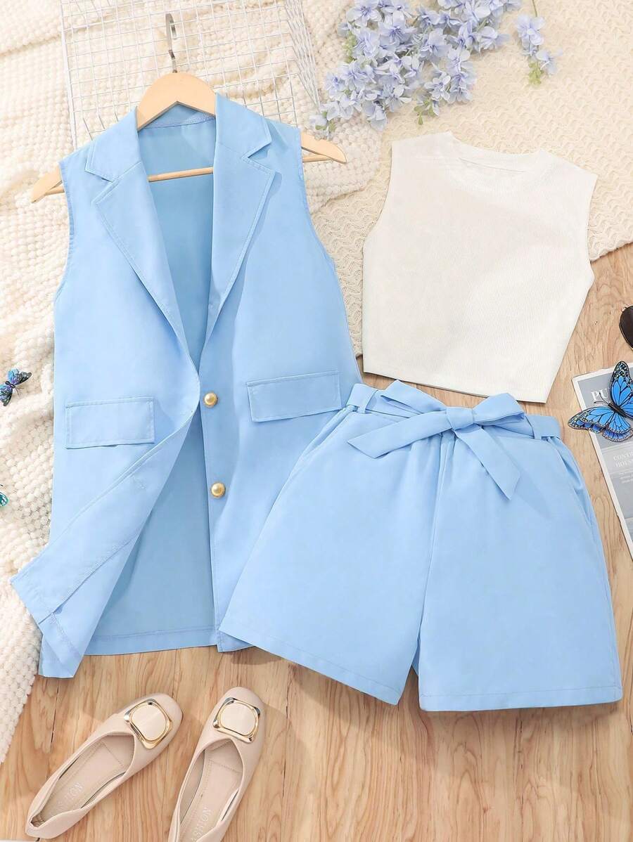 Teenage Girls' Three Piece Set Including A Vest With Suit Collar, A Short-Sleeve Shirt And Shorts