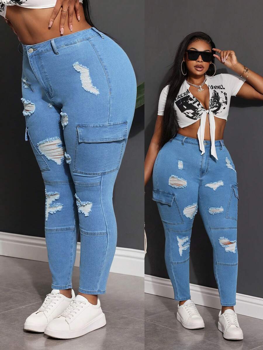 Slaydiva Plus Size Sexy Skinny Stretch Ripped Long Jeans, Blue Concert Women Jeans