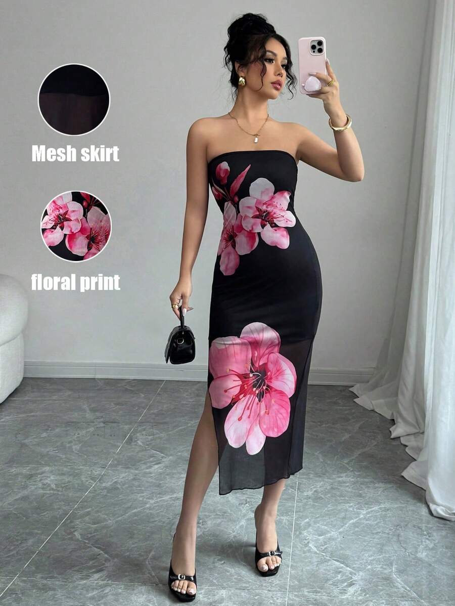 Elenzga Women's Strapless Flower Print Sexy Dress