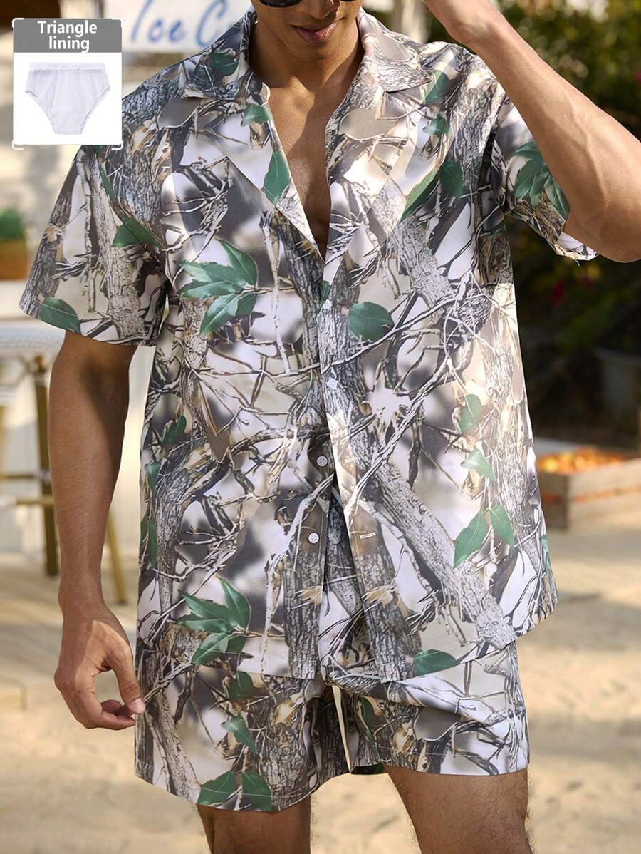 Manfinity Swimmode Conjunto de camisa de manga corta con estampado de ramas y pantalones cortos de playa informal para hombre