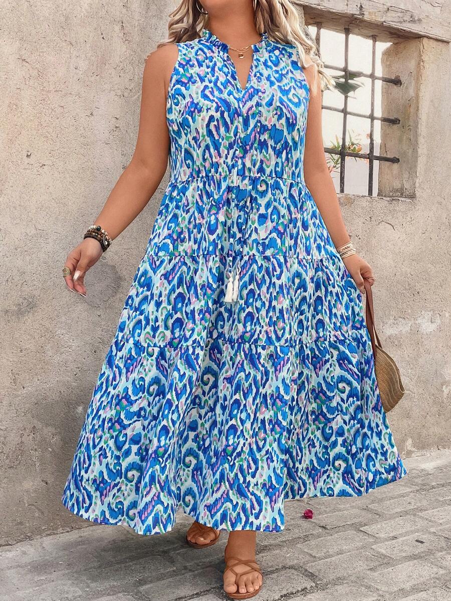 Breezaya Plus Size Women V-Neck All-Over Print Sleeveless Dress With Tassel And Pleated Trim, Vacation Beach Dress