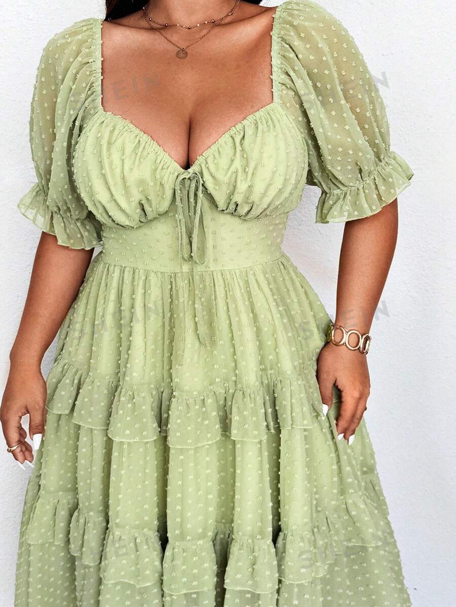 Sunnyshic Nuevo vestido de verano elegante con estilo de vacaciones, diseño de bustier con textura de gasa, manga abombada para mujeres, cintura hermosa, bajo acampanado que favorece la figura en forma de pera