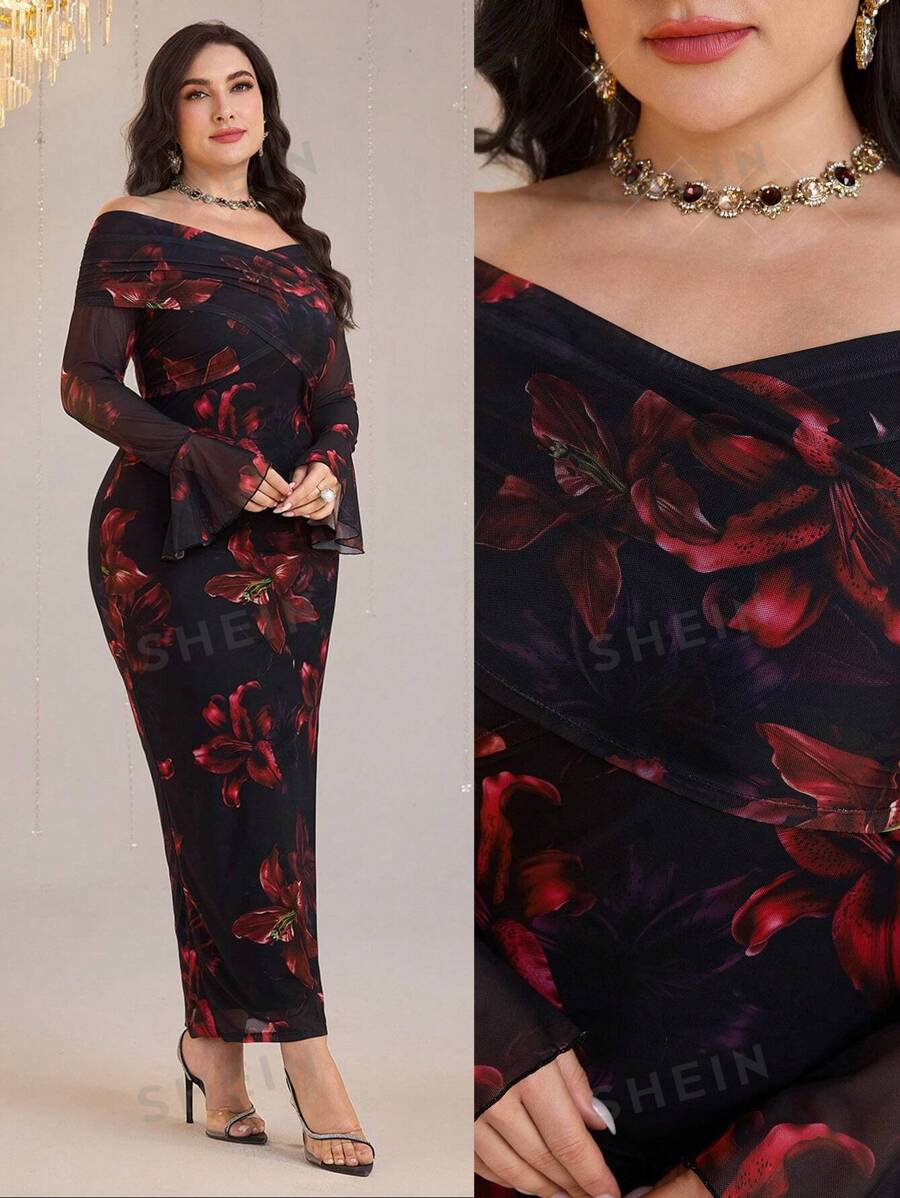 Modelyn Vestido elegante de mujer talla grande con manga de campana y estampado floral off shoulder