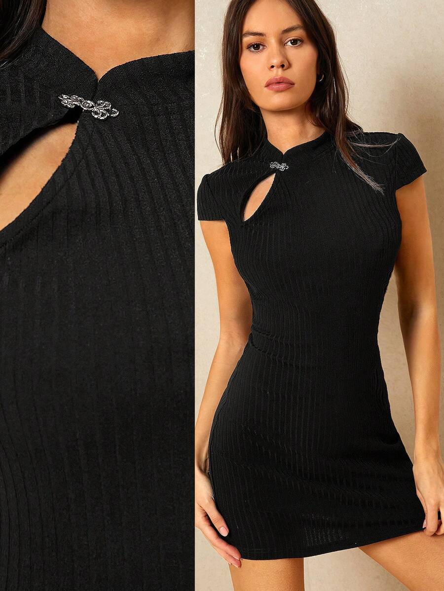 Poéselle Black Mini Dress, New Chinese Dress,Summer Women Dresses,Summer Women Outfit,Women Dresses,Elegant Solid Color Button Hollow Out Fitted Mini Dress