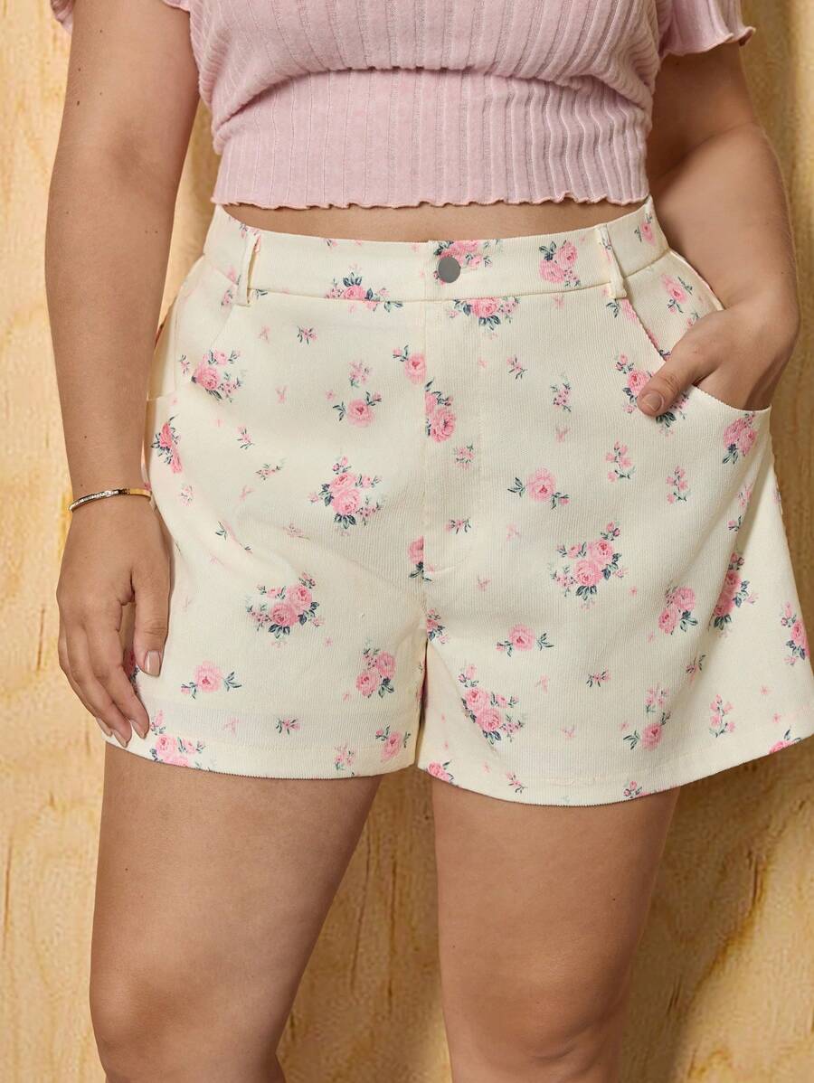 SHEIN MOD Pantalones cortos con estampado floral rosa, de talle medio, versátiles, para tallas grandes