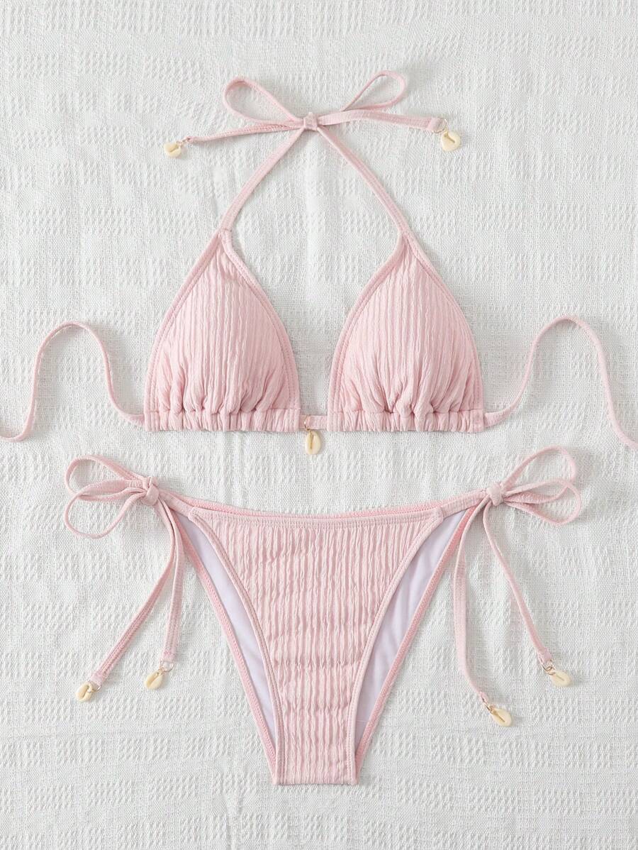 Swim Mod Women's Vacation Beach Solid Color Textured Bikini Set