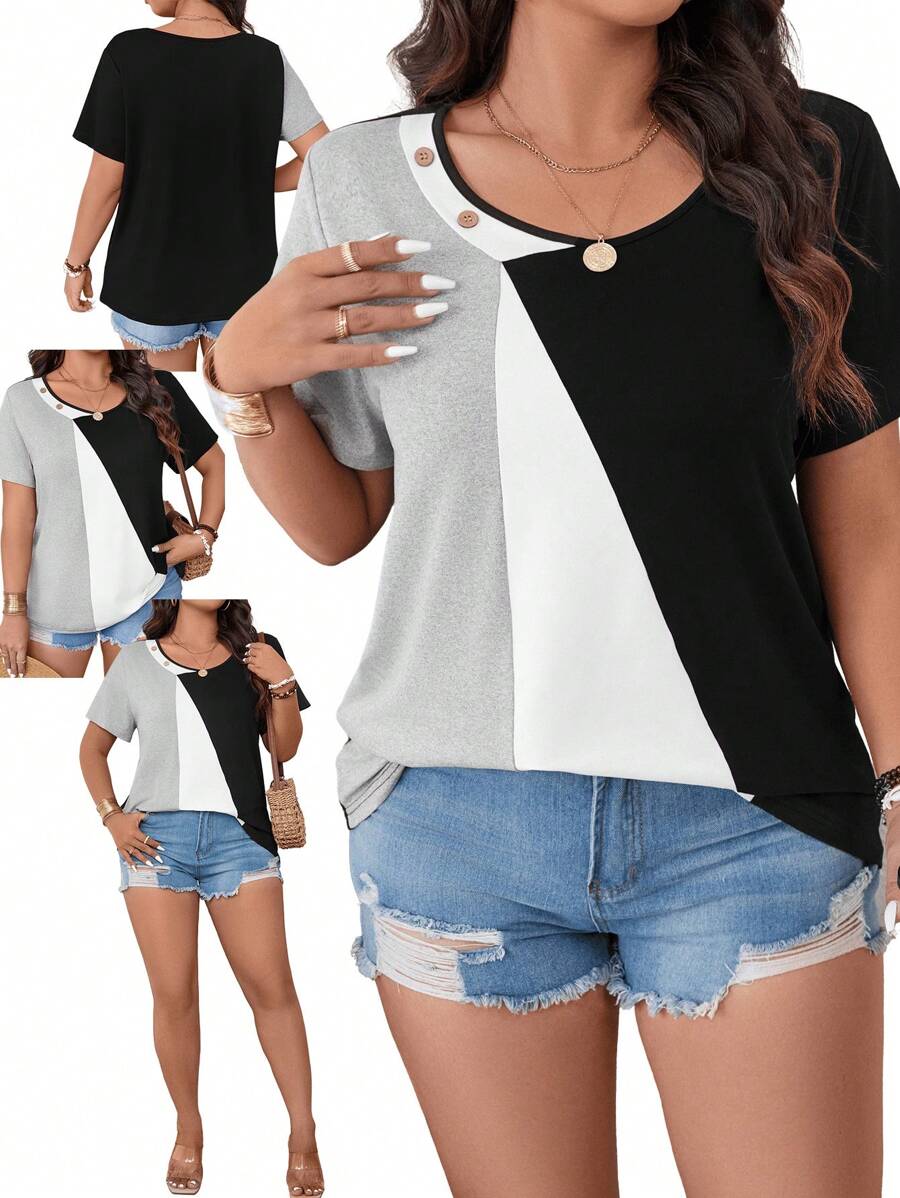 SHEIN LUNE تي شيرت كاجوال لسيدات البدينات بألوان والتصميم الملون، أنيق للارتداء اليومي