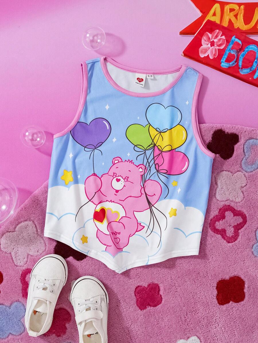 SHEIN X Care Bears Canotta da ragazza tween in stile cartoni animati e Y2K, con orsetto blu e palloncini colorati, adatta per primavera/estate