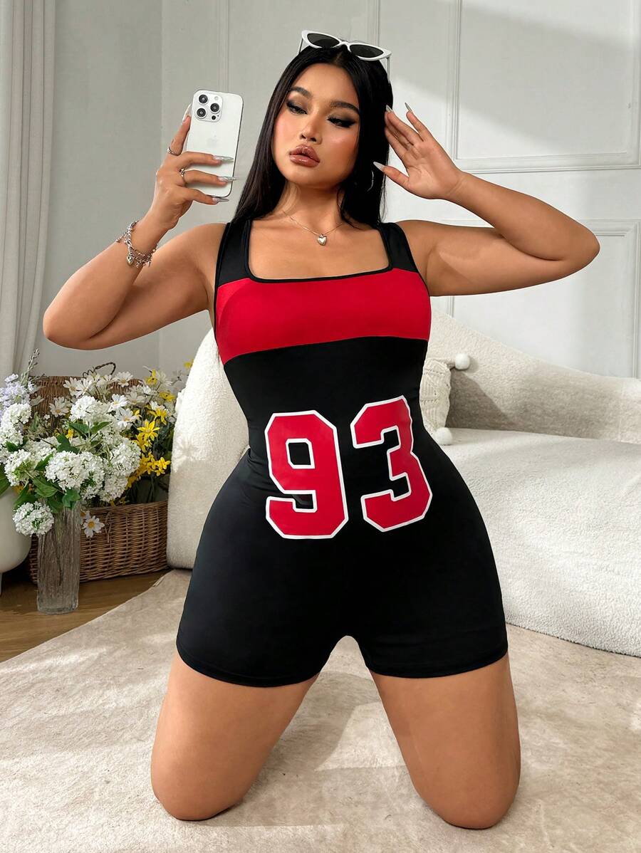 SHEIN EZwear Plus Size Letter Print Contrast Color Tight Jumpsuit, Spring