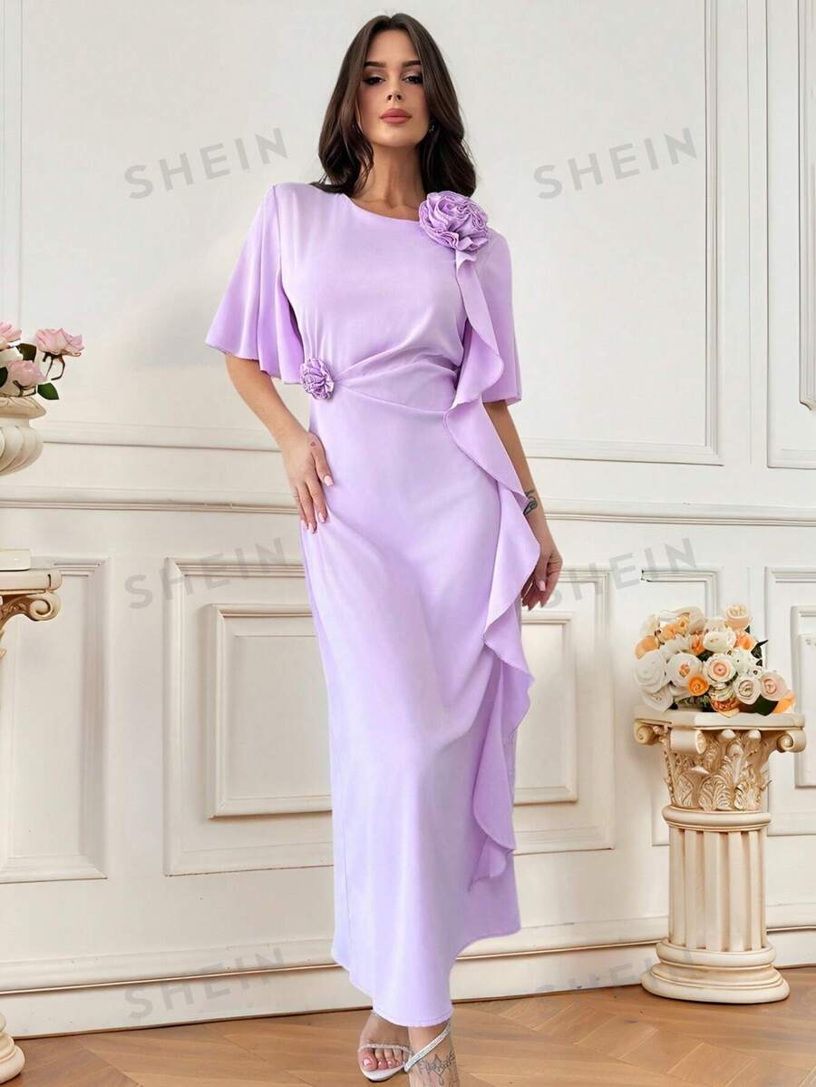 Firerie Vestido corto de manga corta, de cintura alta y corte evasé, en color rosa-púrpura, con volantes y estampado floral, elegante y romántico, ideal para el Día de San Valentín, el Ramadán o de vacaciones
