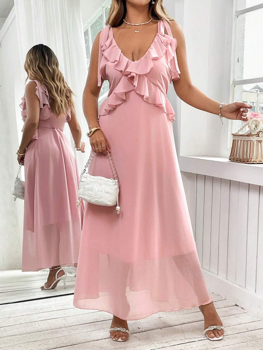 Celure Plus Size Elegant Solid Color Ruffle Trim Dress