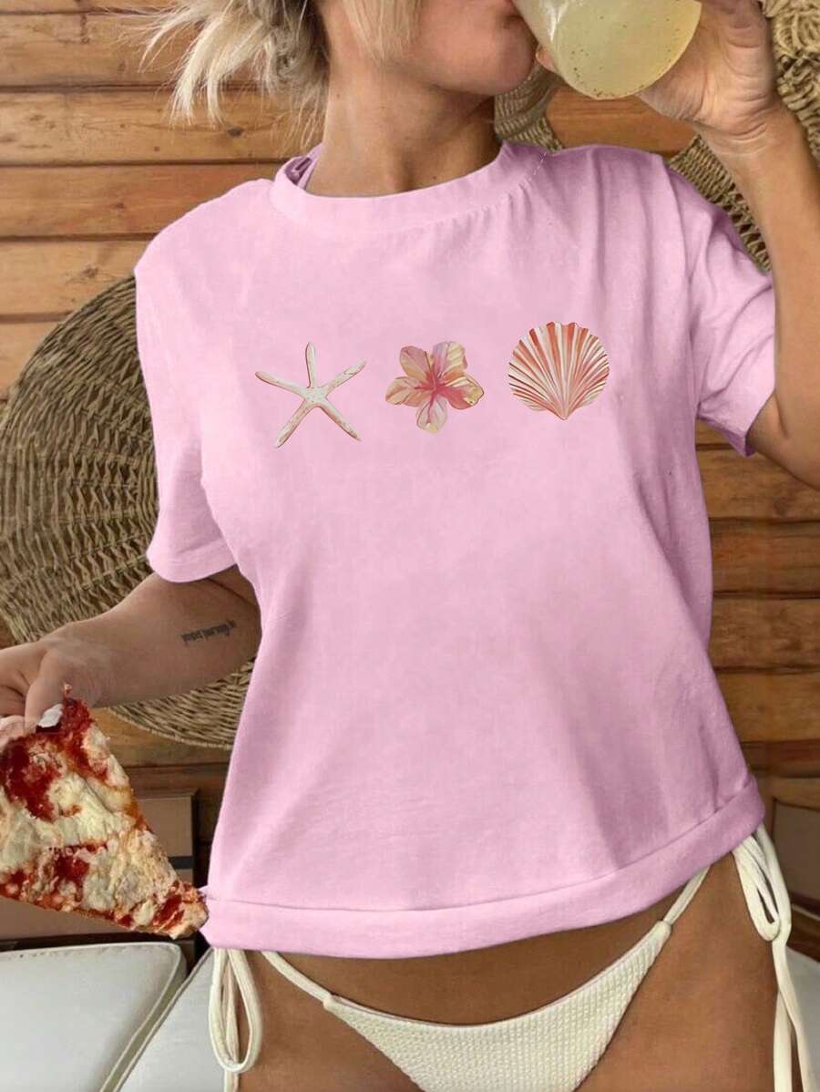 INAWLY Summer Beach Vacation Collage Aesthetic, Ocean Sea Star Pearl Print Women Tops, T-Shirt