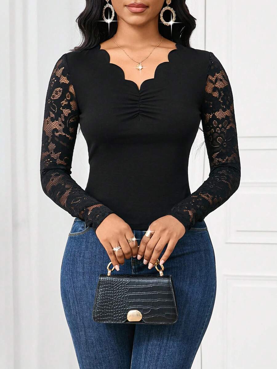SHEIN Lady Camiseta de manga larga ajustada elegante y sólida con aplicación de encaje para el uso diario