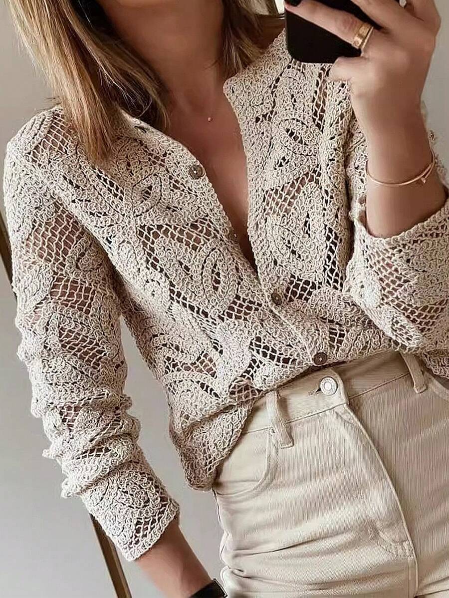 Calvaya Cárdigan con botones delanteros con perforaciones, cárdigan de manga larga de moda adecuado para primavera y otoño, cárdigan de mujer de unicolor con escote en V delantero abierto y perforaciones, cárdigan casual con dobladillo con volantes y botones delanteros de manga larga