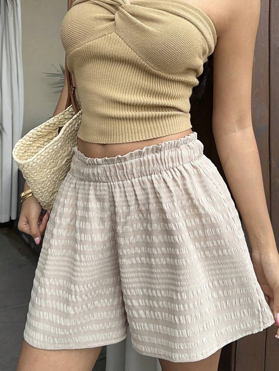 Sunnyshic Khaki Textured Fabric Frill Waist Elastic Waist Loose Casual Vacation Style Shorts, Versatile For Spring/Summer