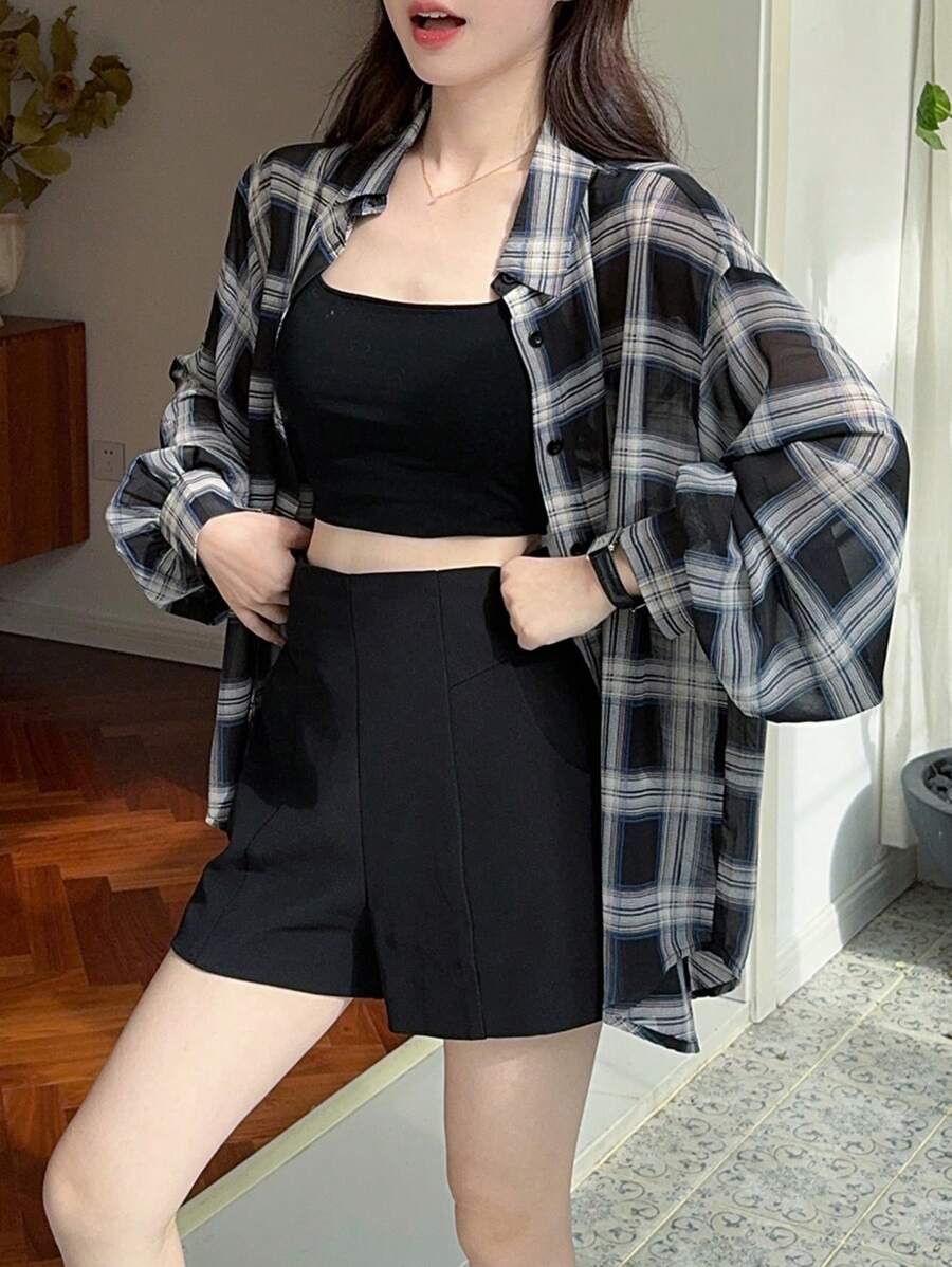 DAZY Blusa holgada de manga larga a cuadros para mujer, ropa de verano y otoño