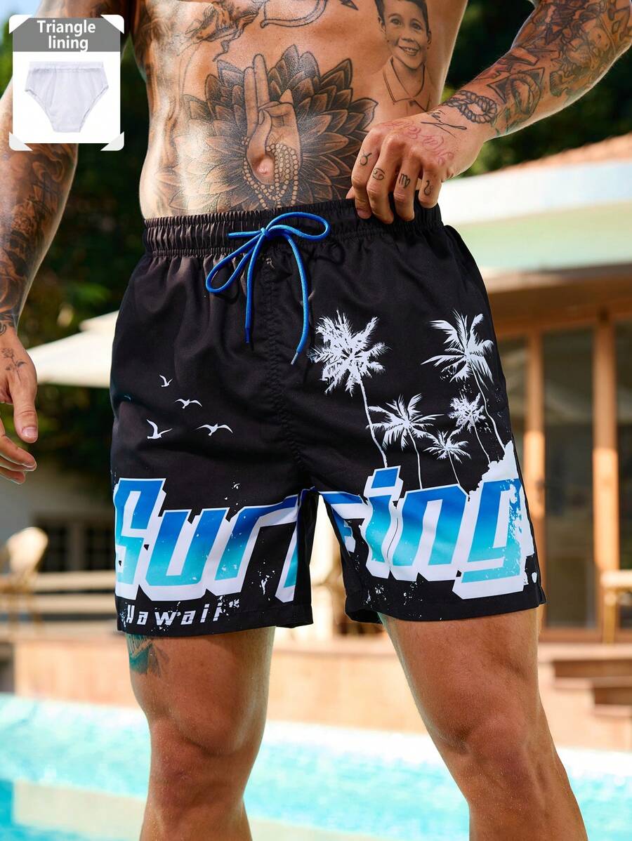 Manfinity Swimmode Men's Coconut Tree & Letter Print Beach Shorts