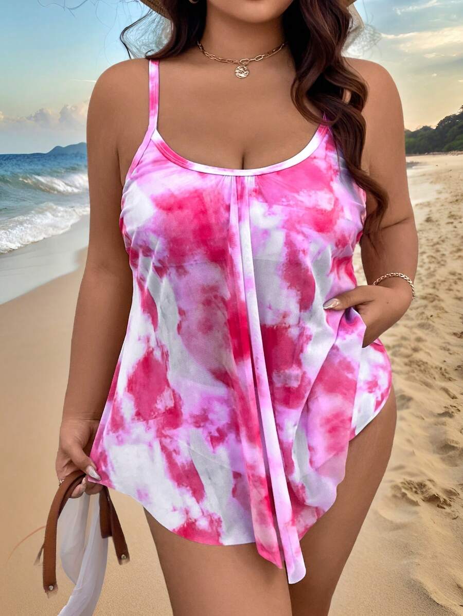 Swim Lushoire 2pcs Plus Size Women Color Tie Dye Random Print Adjustable Spaghetti Strap Mesh Overlay & High Waist Swimwear, Sexy & Elegant Beach Holiday Tankini Set