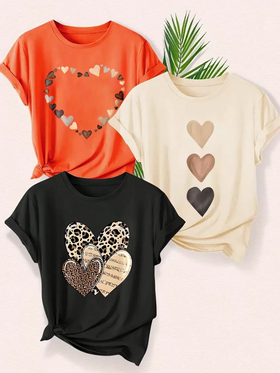 Camiseta de manga corta con cuello redondo con estampado de leopardo y corazón, adecuada para uso casual diario y al aire libre, para todas las temporadas