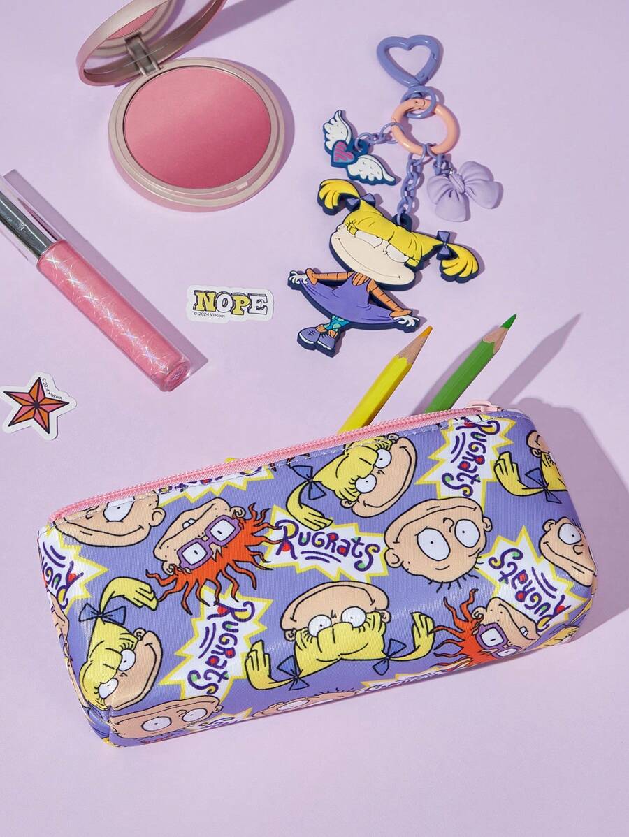 Nick 90s X SHEIN 90s Stylish Cute Cartoon Printed Zipper Pencil Case, Suitable For School, Office, And Travel Use, Can Hold Stationery, Digital Items, Personal Belongings, And Travel Essentials,Back To School,School Supplies