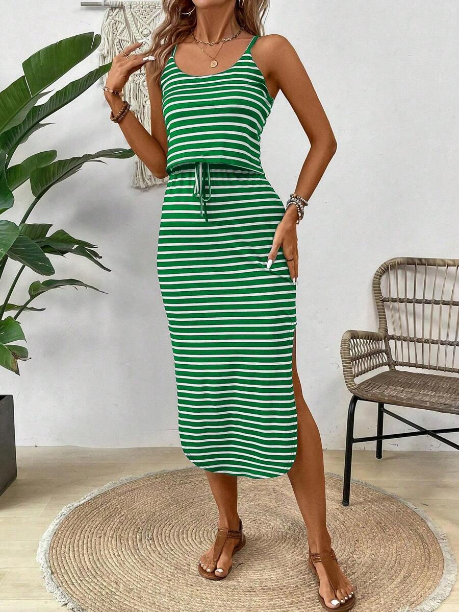 Breezaya Zomerse casual spaghettibandjesjurk voor dames met strikceintuur, maxi-outfit met zijsplitzoom