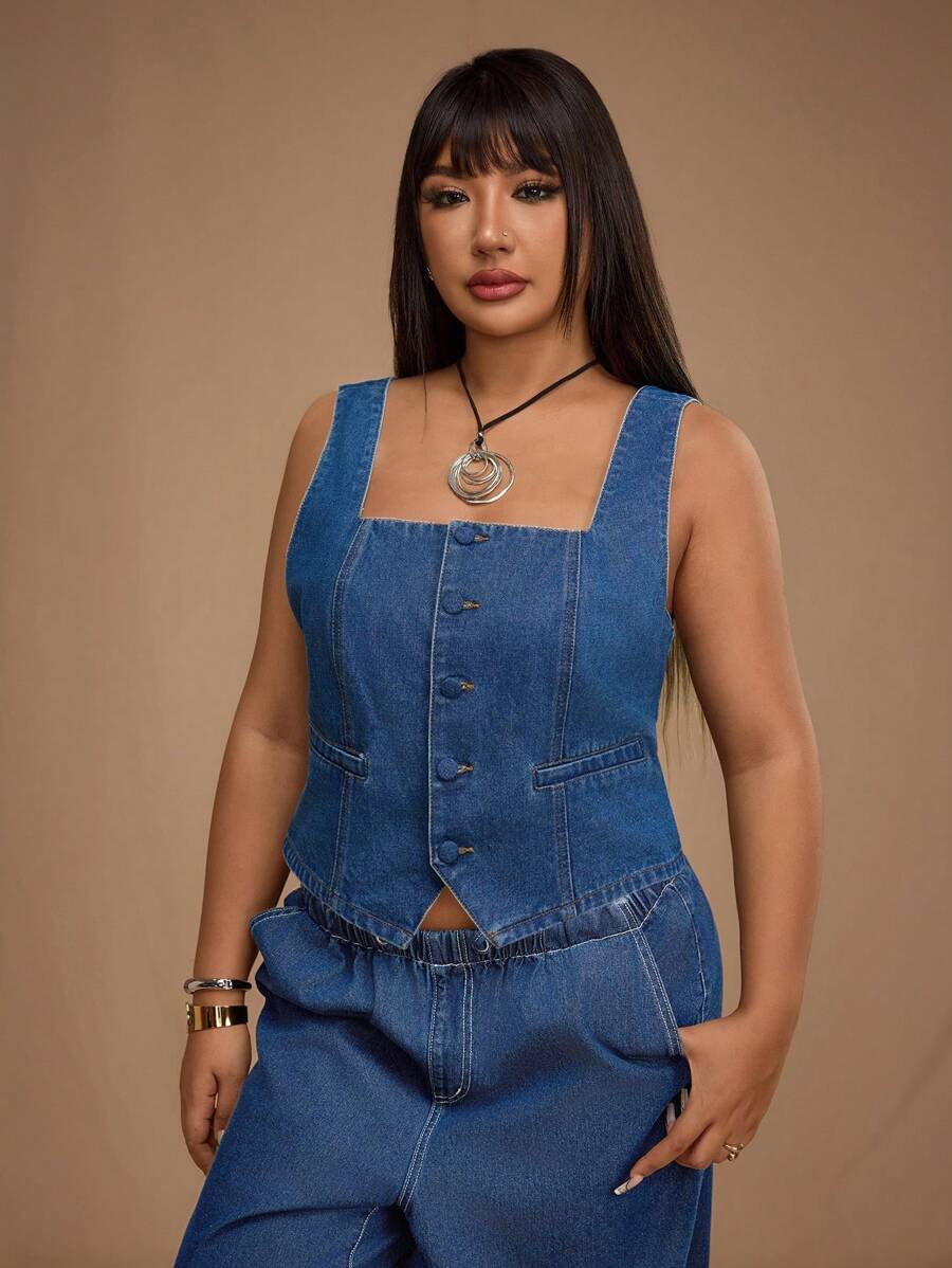 Forever 21 Top en denim décontracté sans manches col carré à simple boutonnage pour femmes grandes tailles