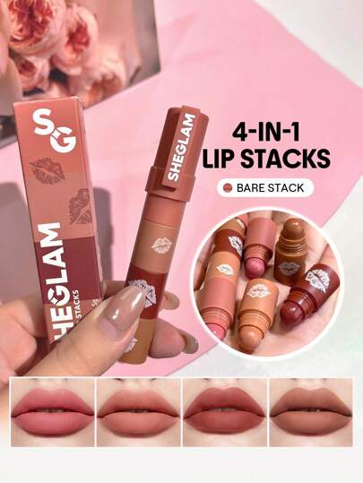 SHEGLAM Mega Lip Stacks-Nude-Bare Stack 4 In 1 Creamy-Matte Nude Lipstick Kit High Pigment Non-Drying Portable Travel Lipstick Kit Lip Makeup Lipstick Valentine's Day Decor Love Gift Winter Y2K Makeup Party Beach Travel Holiday Camping Outdoors Present Rose Fashion Girl Cosmetic Cosplay Best Trip Festivals Color Fancy Campus School Charm Vibe Women's Day