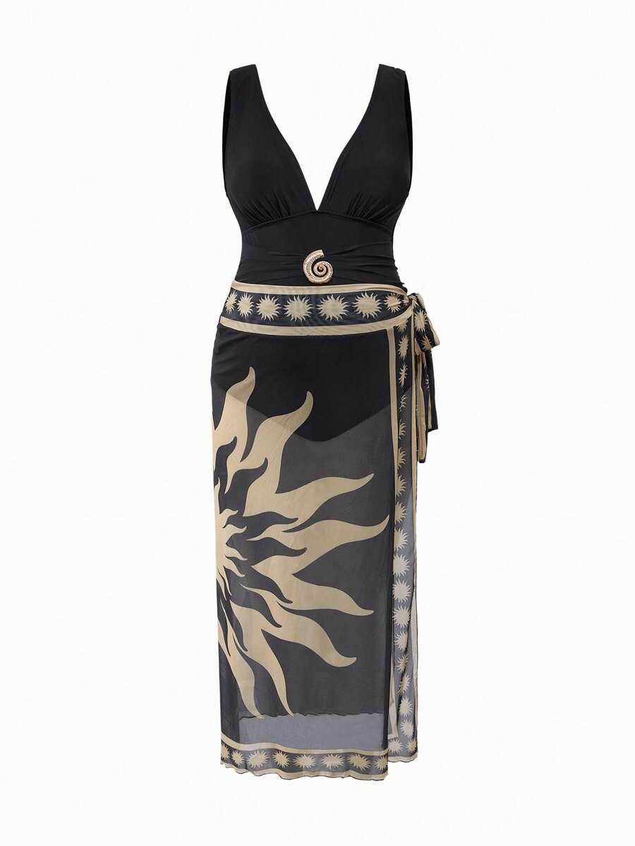 SHEIN Completo a due pezzi con stampa floreale tropicale, elegante costume da bagno intero per gravidanza, abbigliamento da resort
