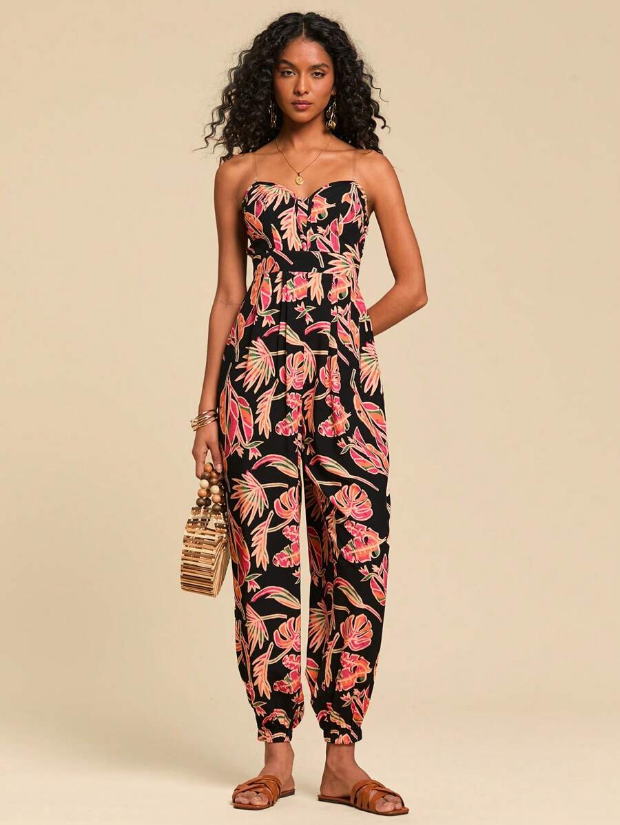 Travachic Vacation Casual Plant Print Bandeau Jumpsuit,Vacation Outfit,Suitable For Summer,Summer Outfits For Women,Summer , Summer Clothes,Women,Concert Outfit Women,Boho,Tropical Vacation