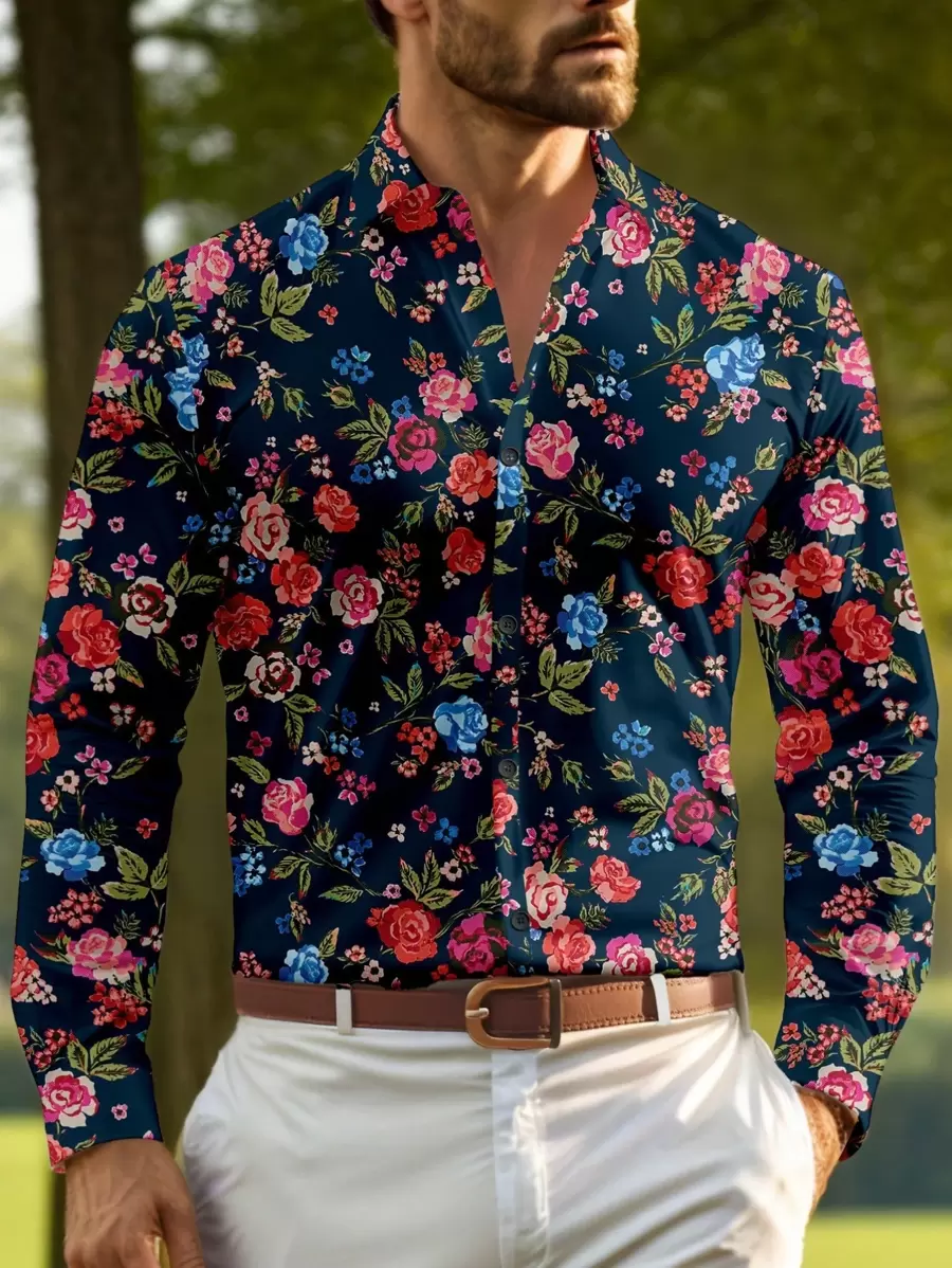 Manfinity RSRT Camisa casual de manga larga con botones delanteros y estampado floral all over para hombre