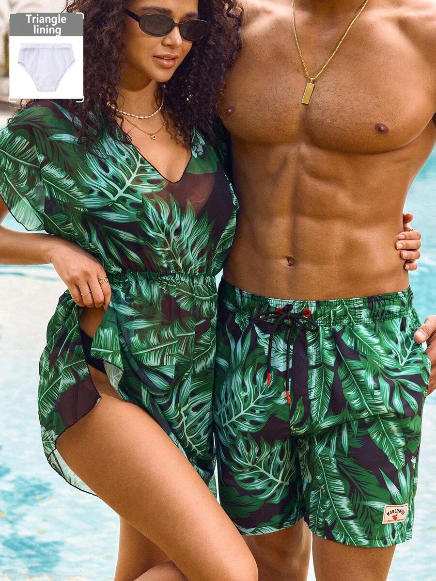 Manfinity VDAYZ Pantalones cortos de playa con cordones y bolsillos con estampado completo para hombres, shorts de baño informales y de vacaciones para parejas, novio, de estilo hawaiano