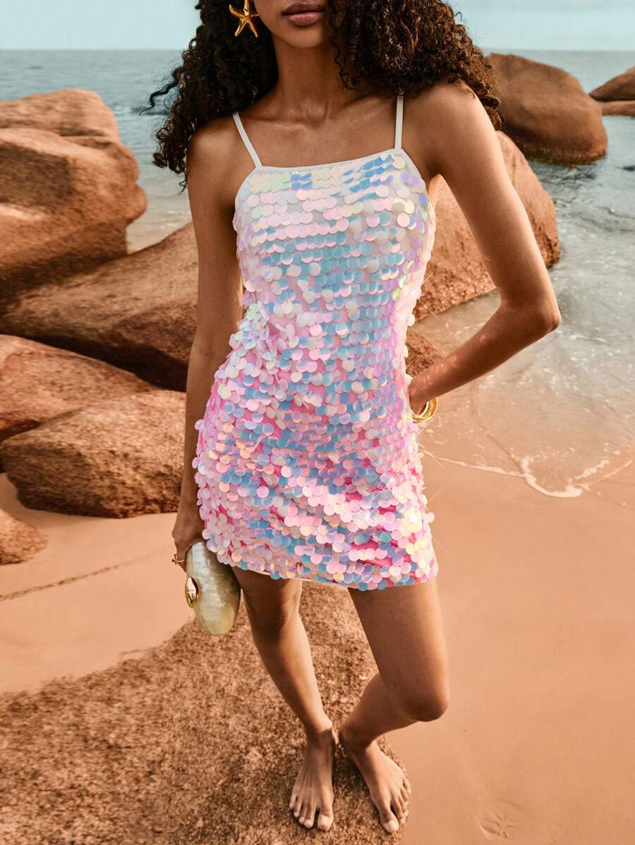 Poéselle Vestido mini lentejuelado tipo top camiseta para playa y resort de mujer