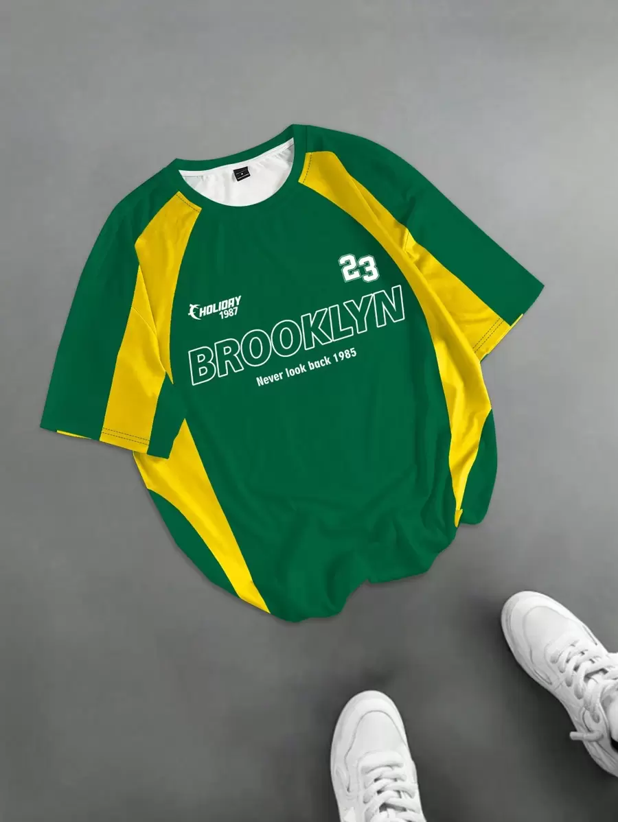Manfinity Homme Men's Sporty Casual Colorblock Letter Pattern Short Sleeve T-Shirt, Summer Baseball Jersey Jersey Streetwear Soccer Jersey