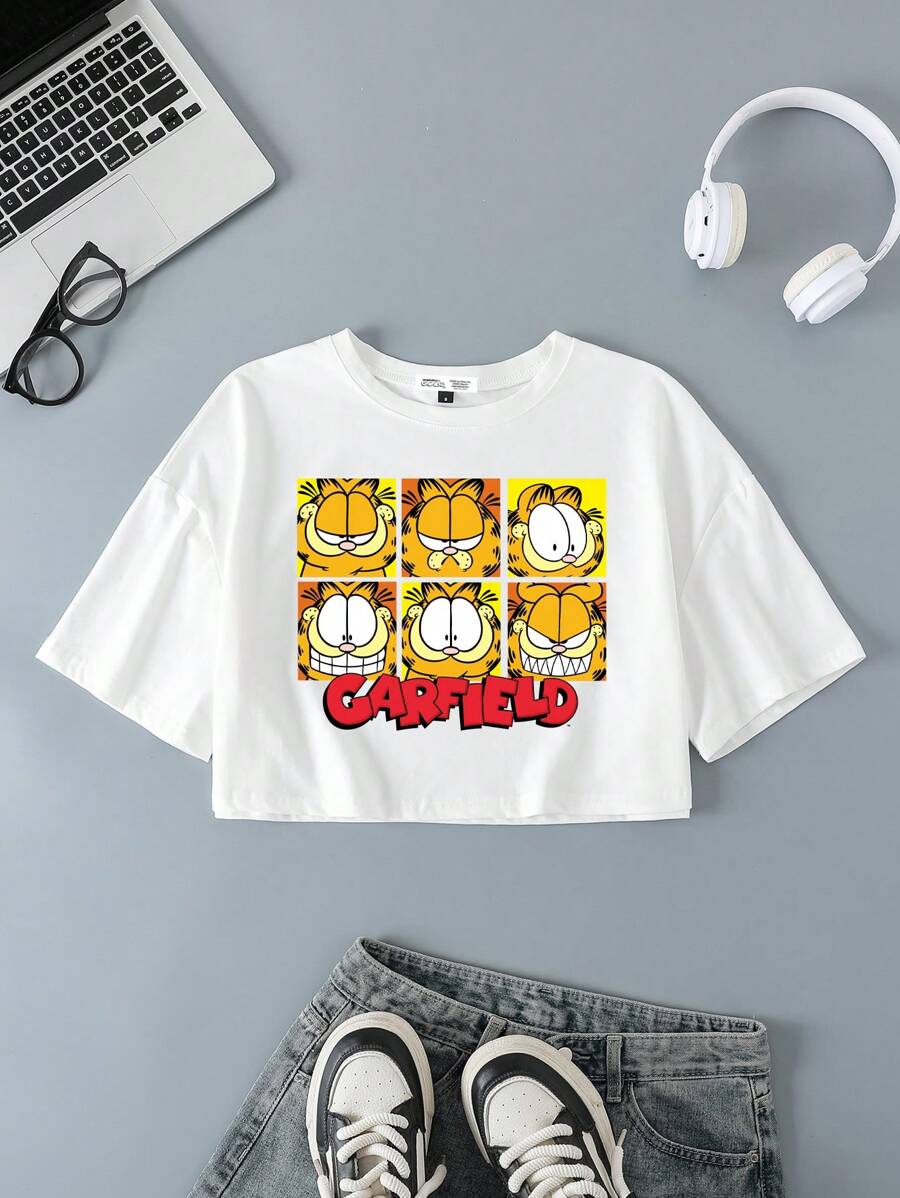 GARFIELD X SHEIN Loose Fit Round Neck Short Sleeve Cute Cartoon Graphic White Summer Comfy T-Shirt For Women