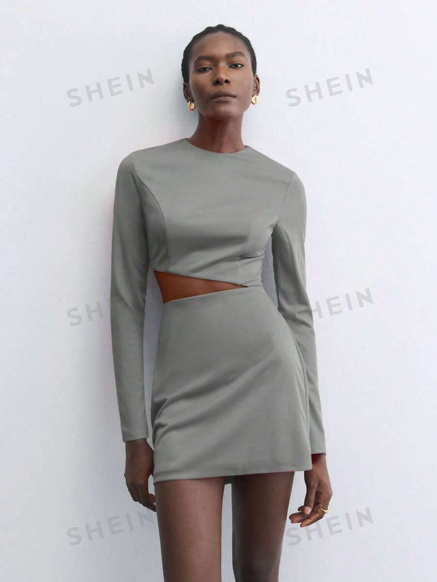 Maija Vestido corto de mujer de manga larga, cuello redondo, con diseño calado, ajustado, elegante y versátil para fiesta de vacaciones y primavera