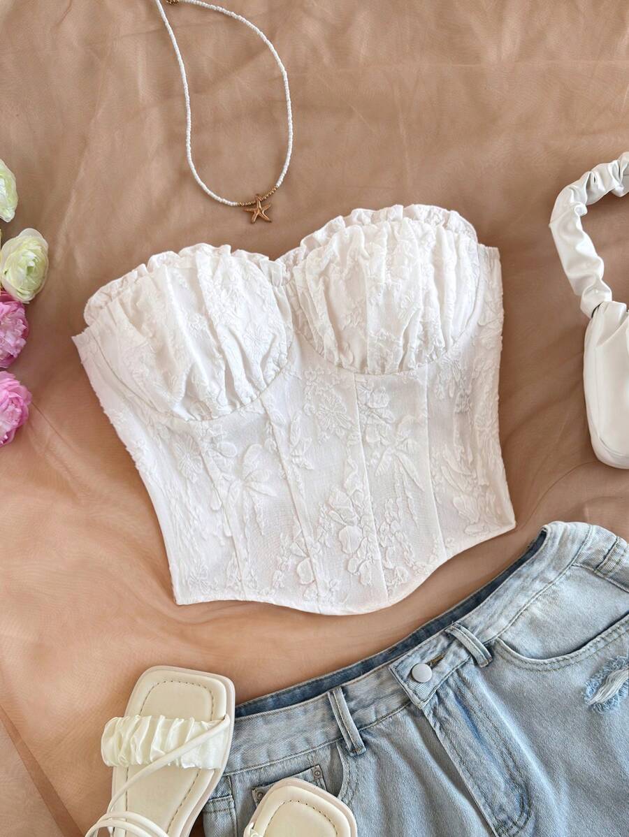 SHEIN WYWH Crop top senza maniche con vita stretta, texture e balza sul fondo, per donna taglia comoda, adatto per festa, date, San Valentino, pomeriggio con tè, spiaggia, crociera, vacanze, Pasqua, Carnevale, Capodanno cinese, gite in auto